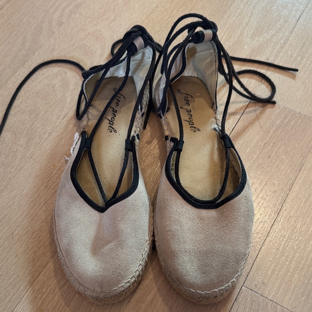 Free People Beige Espadrille Lace-Up Flats with Black Trim
